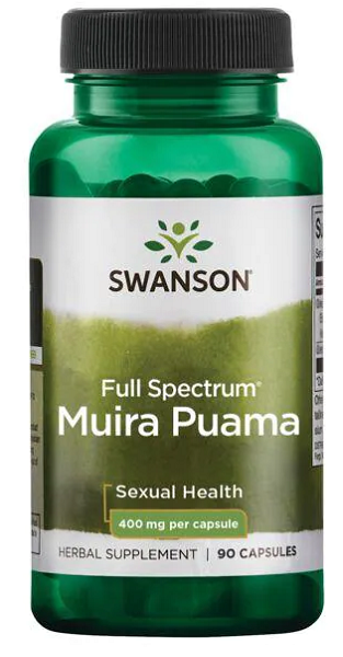 Une bouteille de Swanson Full Spectrum Muira Puama - 400 mg 90 gélules.