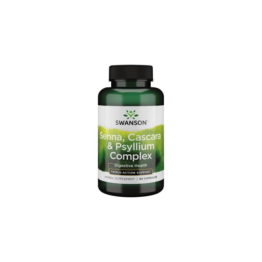 A bottle of Swanson Senna, Cascara & Psyllium Complex 90 Capsules, a digestive health supplement made with natural herbs, contains 90 capsules and promotes triple-action support for body detoxification.