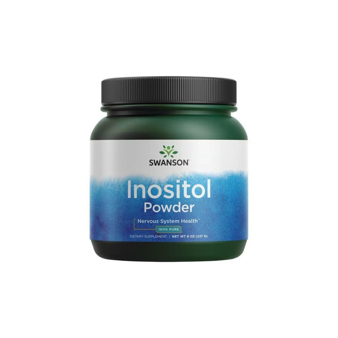 A container of Swanson Inositol Powder - 100% Pure 227 g, labeled for nervous system and mental health, net weight 8 oz (227 g). The container is dark green with a white and blue label.