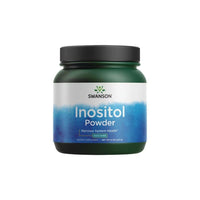 Thumbnail for A container of Swanson Inositol Powder - 100% Pure 227 g, labeled for nervous system and mental health, net weight 8 oz (227 g). The container is dark green with a white and blue label.