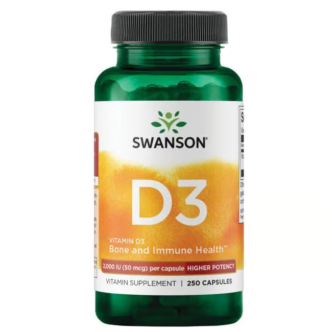 A Swanson Vitamin D3 2000 IU bottle with 250 capsules supports the immune system and bone health.