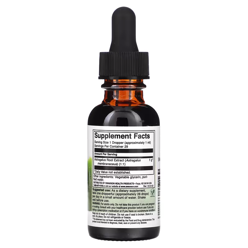 Swanson's Astragalus Root Liquid Extract 29.6 ml is a brown dropper bottle labeled "Supplement Facts," featuring Astragalus root extract to boost immunity, complete with a black cap.