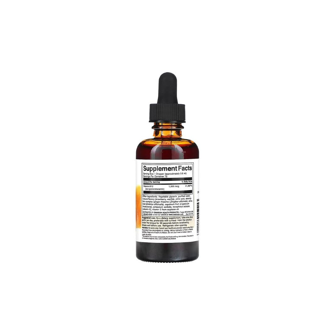 The Swanson Vitamin B12 Cyanocobalamin 1000 mcg - Strawberry 59 ml Liquid comes in a brown glass dropper bottle with a black cap and features a prominently labeled "Supplement Facts" section in the center, emphasizing the crucial role of Vitamin B12 for metabolism and immune system support.