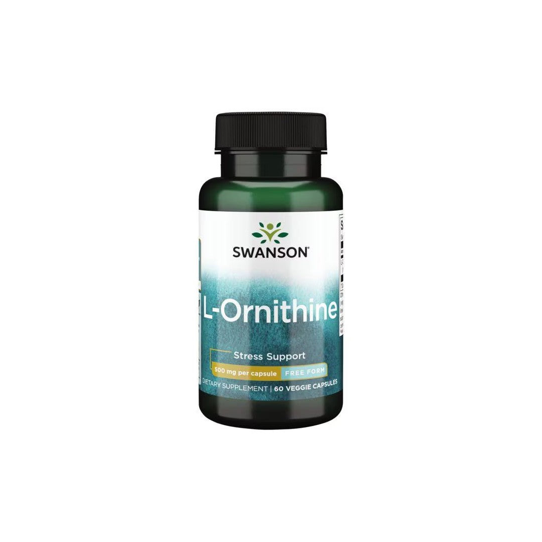 Bottle of Swanson L-Ornithine 500 mg supplements promoting mental health boost, containing 60 veggie capsules, displayed against a white background.