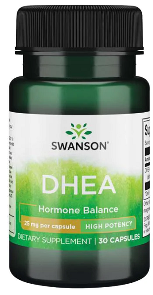 A bottle of Swanson DHEA 25 mg 30 Capsules dietary supplement containing 30 capsules is designed to support hormonal balance and sexual drive.