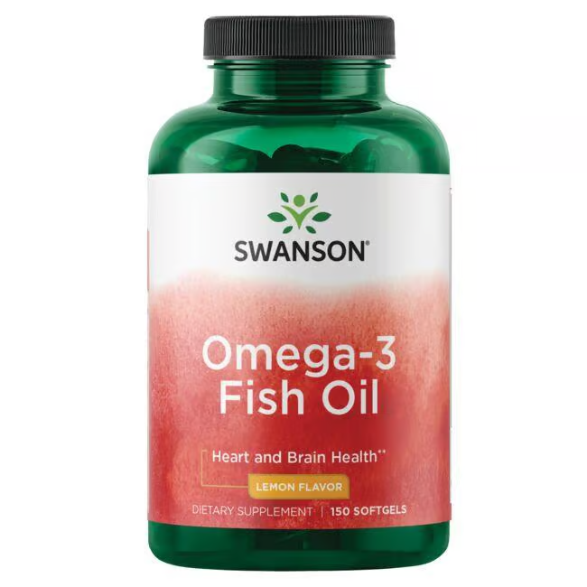 Swanson's Omega-3 Fish Oil - Lemon Flavour, containing 150 softgels, is rich in DHA and EPA fatty acids that support heart and brain health.