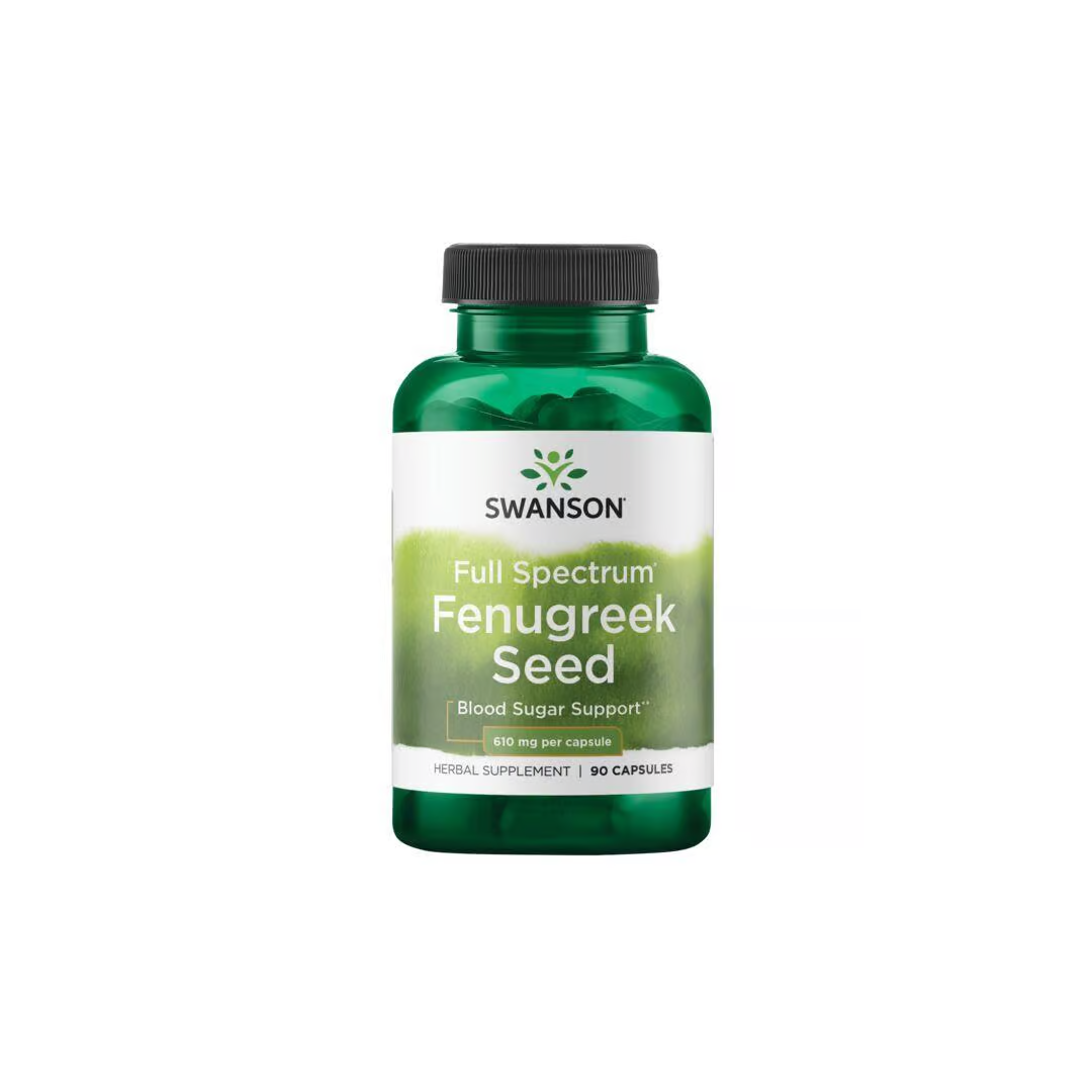 Swanson's Fenugreek Seed 610 mg, in green packaging, contains 90 capsules and is expertly labeled for hormonal health and blood sugar support.