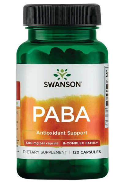 Une bouteille de Swanson PABA - 500 mg 120 gélules, un supplément antioxydant qui soutient la santé de la peau et la formation des globules rouges.