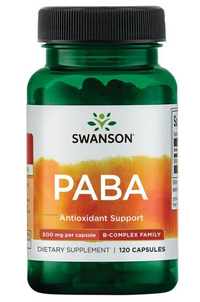 Vignette d'une bouteille de Swanson PABA - 500 mg 120 gélules, un supplément antioxydant qui favorise la santé de la peau et la formation des globules rouges.