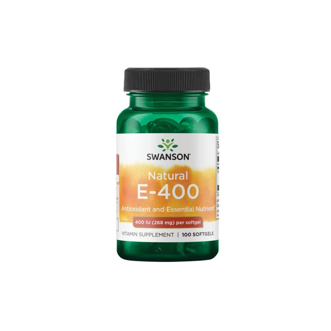 A bottle of Swanson Natural Vitamin E-400 IU, an essential antioxidant enriched with tocopherols, contains 100 softgels at 400 IU (268 mg) each.