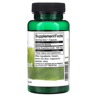 Thumbnail for Swanson's Butea Superba Root supplement contains 400 mg per capsule to enhance libido and sexual vigor. Ingredients include gelatin, brown rice flour, magnesium stearate, and silica. Serving size is one capsule, available in a green bottle of 60 capsules.