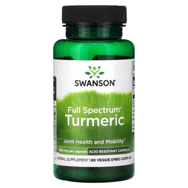 A green bottle labeled "Swanson Full Spectrum Turmeric 750 mg 60 Veggie EMBO Caps AP" for joint health, mobility, and digestive support.