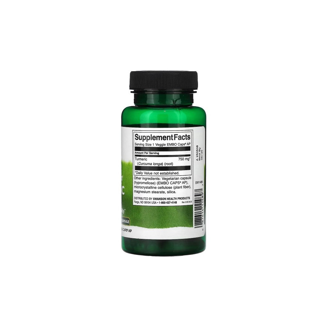 A green plastic bottle labeled "Full Spectrum Turmeric 750 mg 60 Veggie EMBO Caps AP" from Swanson, featuring a white supplement facts label on the back that lists ingredients and nutritional information. The bottle contains delayed-release capsules designed for digestive support.