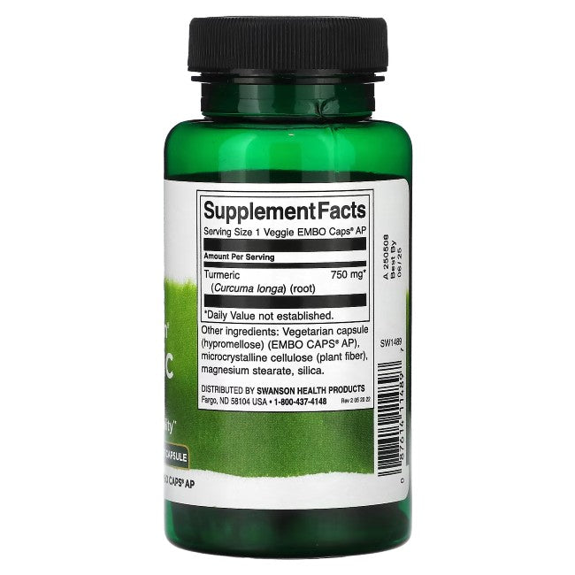 A Swanson green bottle labeled "Turmeric 750 mg 60 Veggie EMBO Caps AP" displays its contents, offering 750 mg of turmeric (Curcuma longa) per serving.