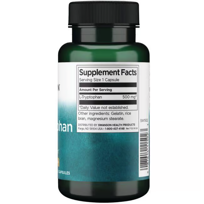 A green "Supplement Facts" bottle by Swanson contains 60 capsules of L-Tryptophan 500 mg, an amino acid for sleep support, with ingredients like gelatin and rice bran.