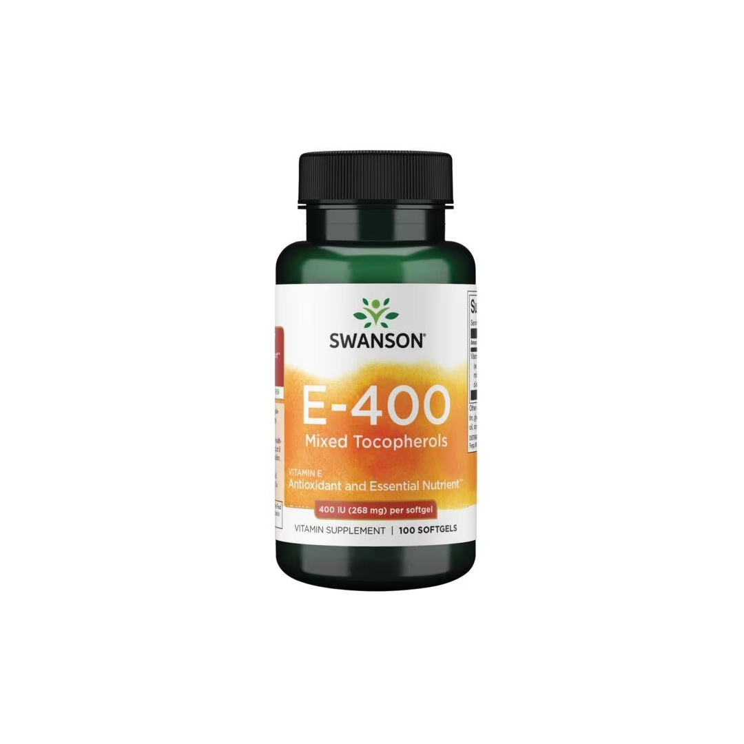 Swanson's Vitamin E - 400 IU mixed tocopherols, with 100 softgels, supports antioxidants and provides essential nutrients for cardiovascular health.