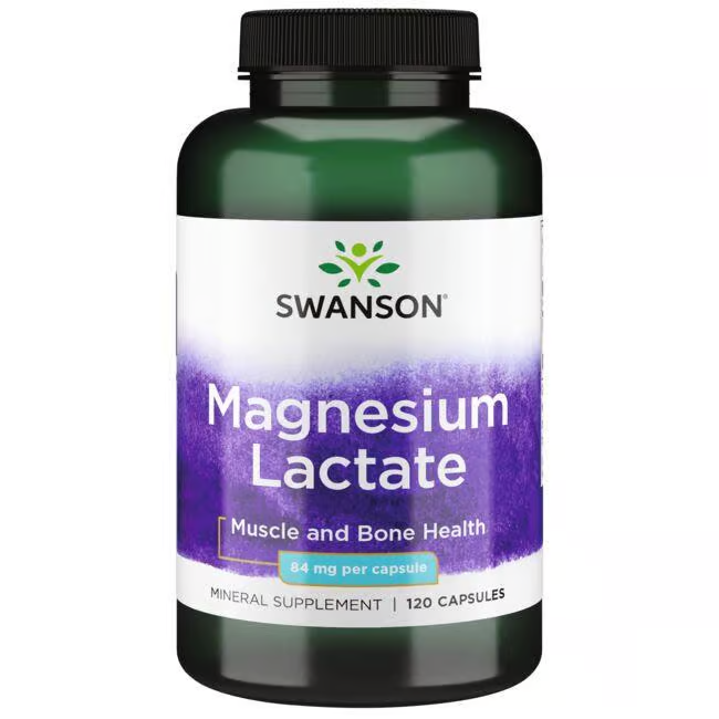 Swanson's Magnesium Lactate supplement provides 84 mg of magnesium per capsule, supporting muscle and bone health with 120 capsules that support enzyme reactions and overall well-being.