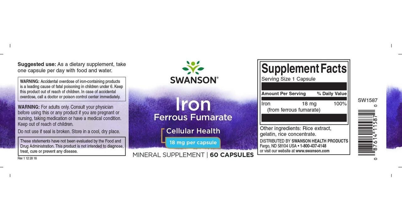 Iron Ferrous Fumarate 18 mg 60 Capsules - label