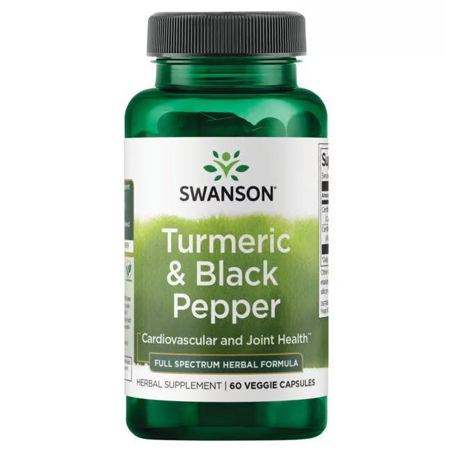 Swanson's Turmeric & Black Pepper supplement bottle supports joint and cardiovascular health. It is expertly labeled and contains 60 veggie capsules for your well-being.