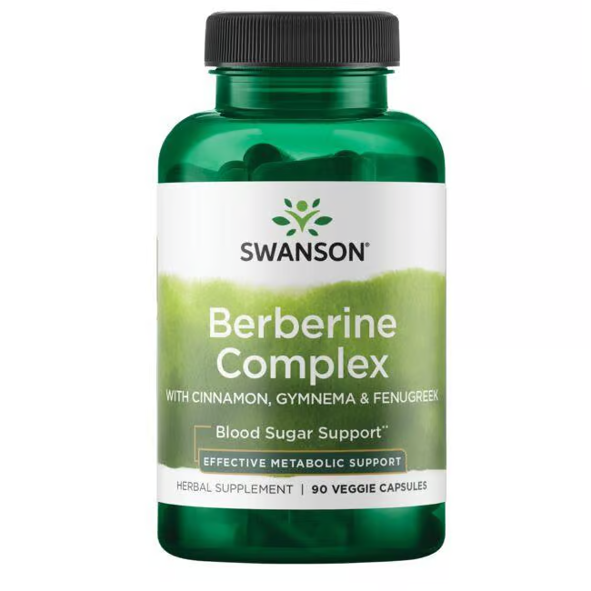 Swanson's Berberine Complex with Cinnamon, Gymnema & Fenugreek offers 90 veggie capsules designed for natural blood sugar support and cardiovascular health, utilizing ayurvedic ingredients.