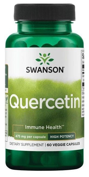 Une bouteille de Swanson Quercetin 475 mg 60 vcaps, un antioxydant puissant pour renforcer le système immunitaire et soutenir la santé des vaisseaux sanguins.