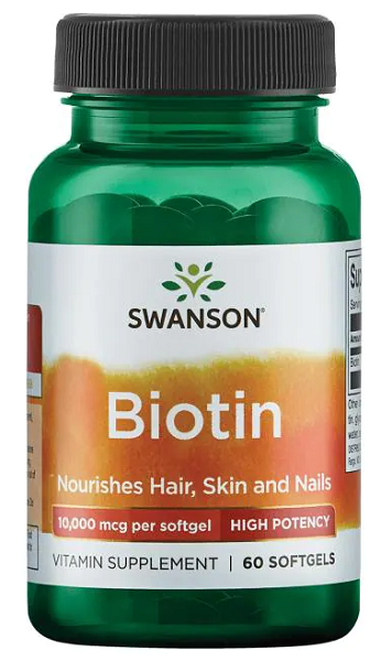 Swanson La biotine - 10000 mcg 60 softgel complément alimentaire nourrit les cheveux, la peau et les ongles.
