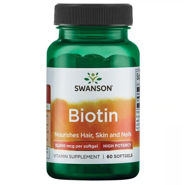 Swanson's Biotin - 10000 mcg 60 softgel bottle is expertly designed to nourish hair and skin, featuring high-potency green softgels.