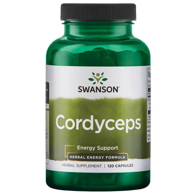 The green bottle of Swanson Cordyceps 600 mg 120 Capsules is labeled "Energy Support" and "Herbal Energy Formula," providing a natural energy boost sourced from the Tibetan highlands.