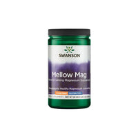 Thumbnail for A green container of Swanson Mellow Mag - Orange Flavor 554 g, a calming magnesium supplement. The label states it supports healthy magnesium levels, bone and muscle health, and is gluten-free. Net weight: 20 oz (1 lb 4 oz) / 567 g.