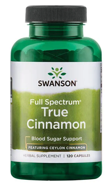 This bottle of Swanson True Cinnamon - 300 mg 120 capsules Ceylon Cinnamon provides metabolic support and promotes cardiovascular health.