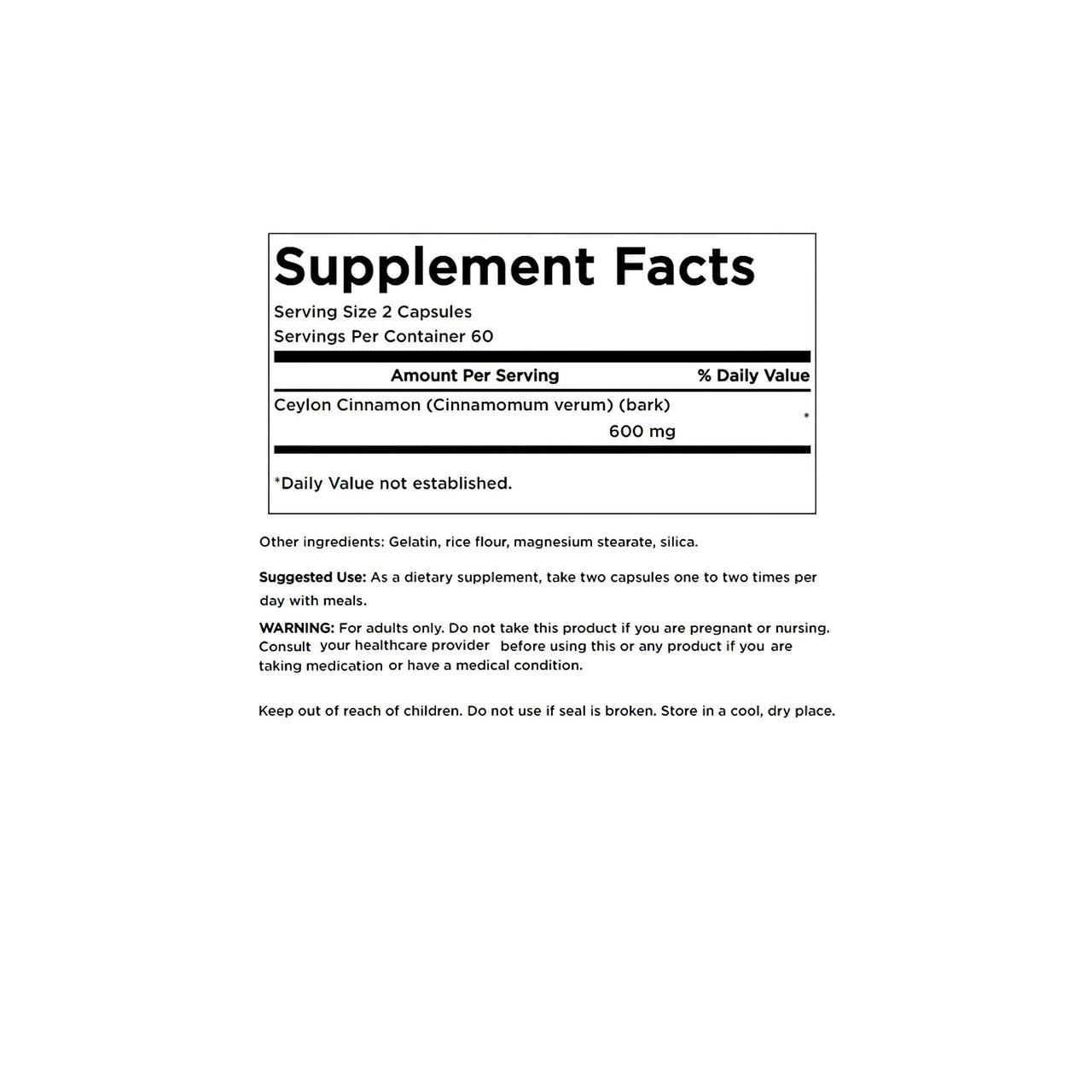 The True Cinnamon - 300 mg 120 capsules Ceylon Cinnamon supplement facts label on a white background containing information about metabolic support and cardiovascular health is produced by the brand Swanson.
