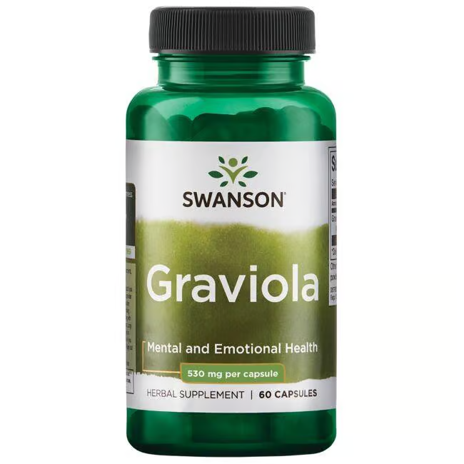 Swanson Graviola 530 mg, derived from a South American herb, offers immune support with 60 capsules per green bottle.