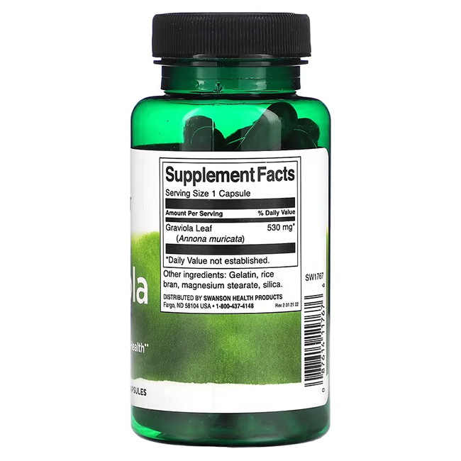 A green bottle labeled "Graviola 530 mg" by Swanson features essential supplement facts. It contains a South American herb-based dietary supplement designed to support your immune system, offering 60 capsules per bottle.