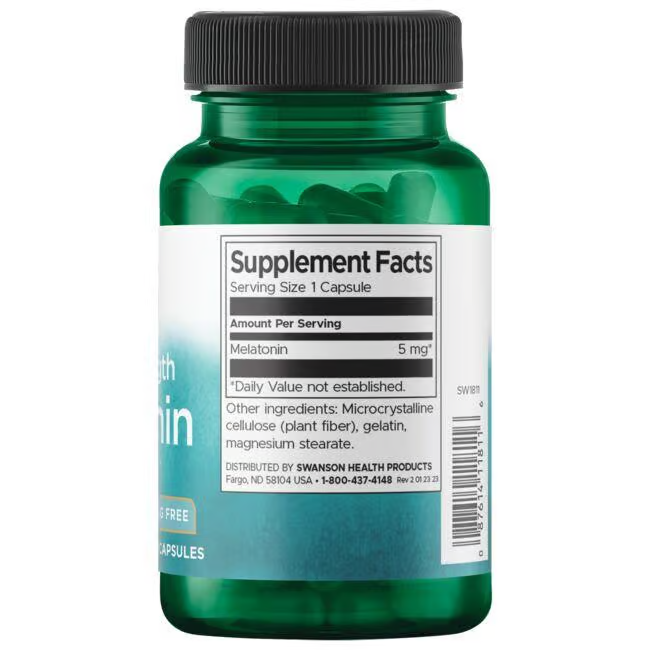 A green bottle of Swanson's Extra Strength Melatonin 5 mg, 60 capsules, shows supplement facts and ingredients on its label, supporting a healthy sleep cycle.