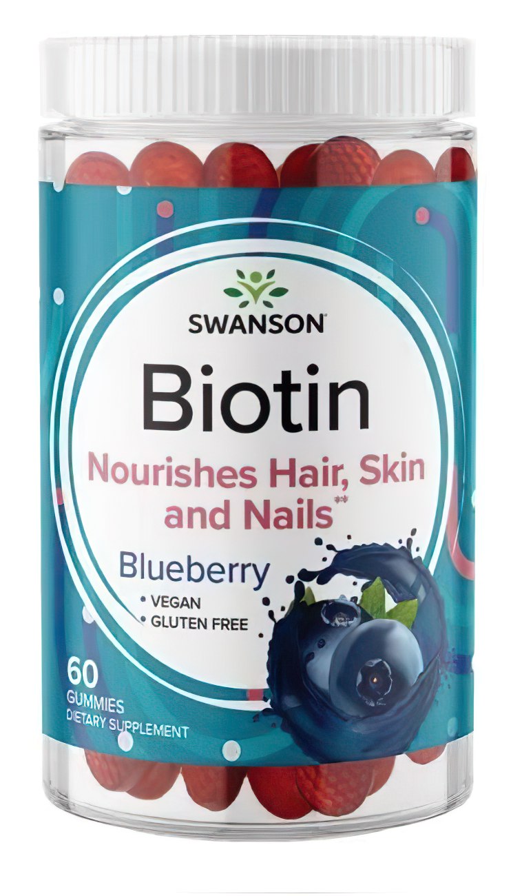 Swanson Biotine 5000 mcg 60 Gummies - Blueberry nourrit les cheveux, la peau et les ongles.