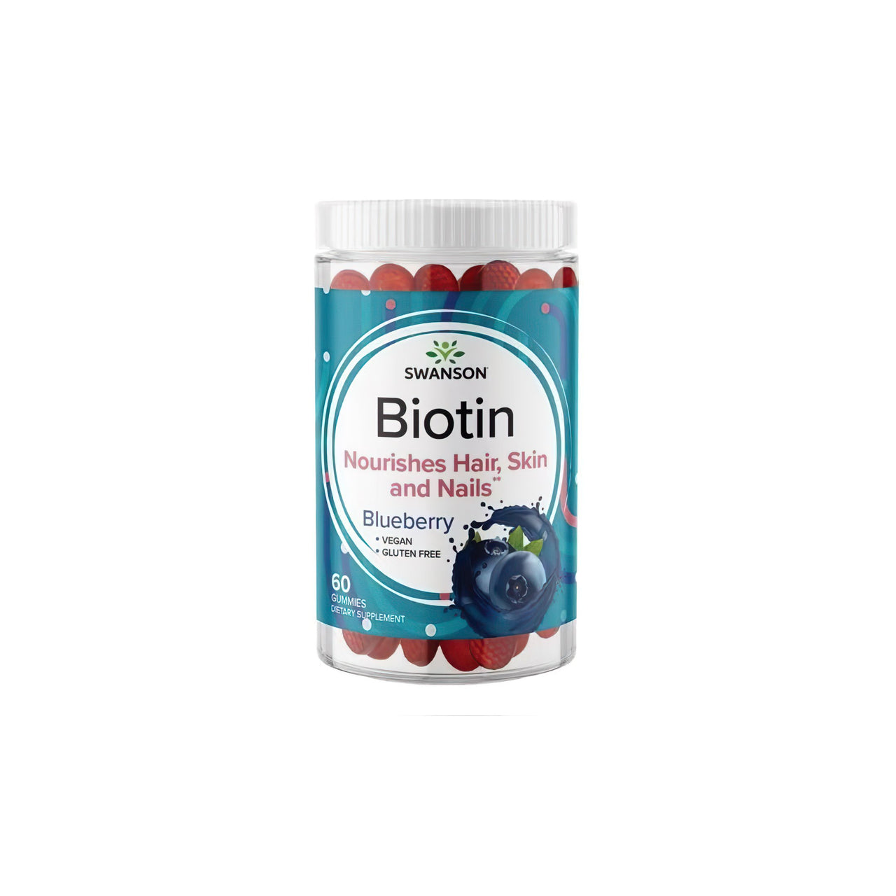 Un pot de Swanson's Biotin 5000 mcg 60 Gummies - Blueberry.