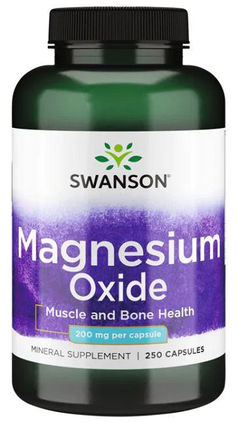 Un flacon de Swanson Oxyde de magnésium - 200 mg 250 gélules.