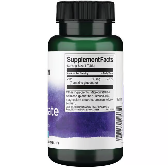 A Swanson Zinc Gluconate 30 mg bottle, containing 250 tablets, showcases its supplement facts label and emphasizes immune support benefits provided by the zinc gluconate content.