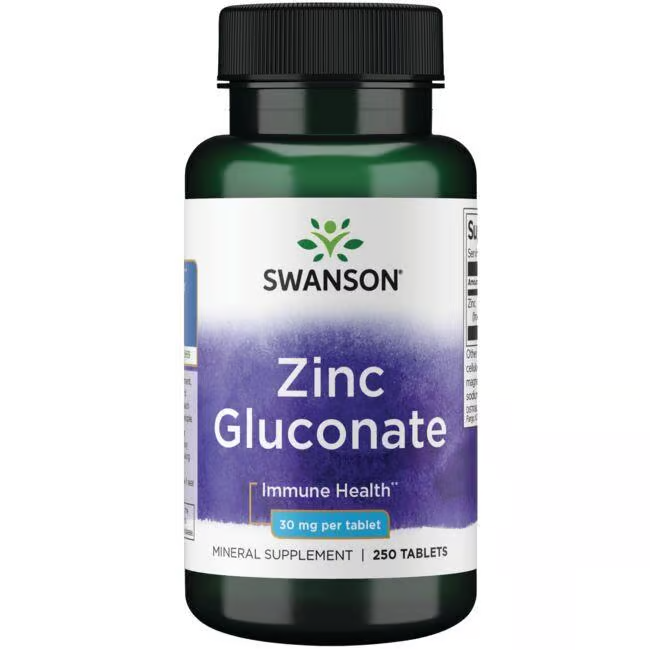 A bottle of Swanson's Zinc Gluconate 30 mg offers immune support with 250 tablets.