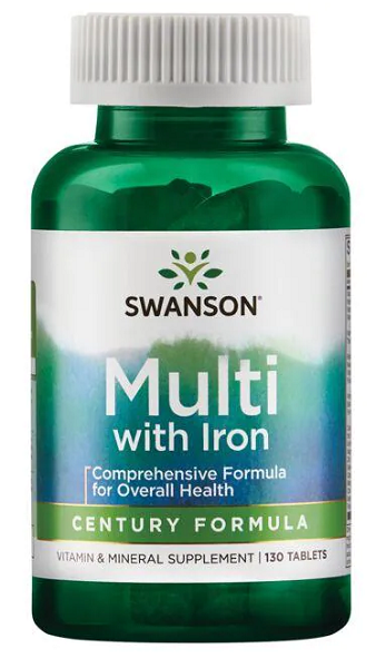 Swanson Multi avec Fer 130 Tab Century Formula multivitamine avec vitamines et minéraux essentiels pour une protection antioxydante.