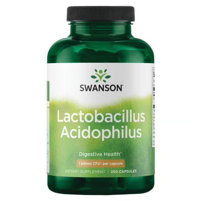 The Swanson Lactobacillus Acidophilus 250 Capsules in a green bottle contain probiotics with 1 billion CFU per capsule to support gut health.