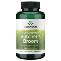 Thumbnail for A bottle of Swanson Butcher's Broom 470 mg contains 100 capsules, labeled as a Full Spectrum herbal supplement for circulatory system support.