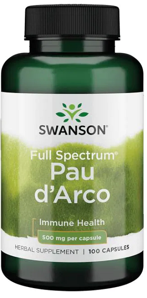 A bottle of Swanson Pau d'Arco - 500 mg 100 capsules derived from the bark of trees found in tropical forests.