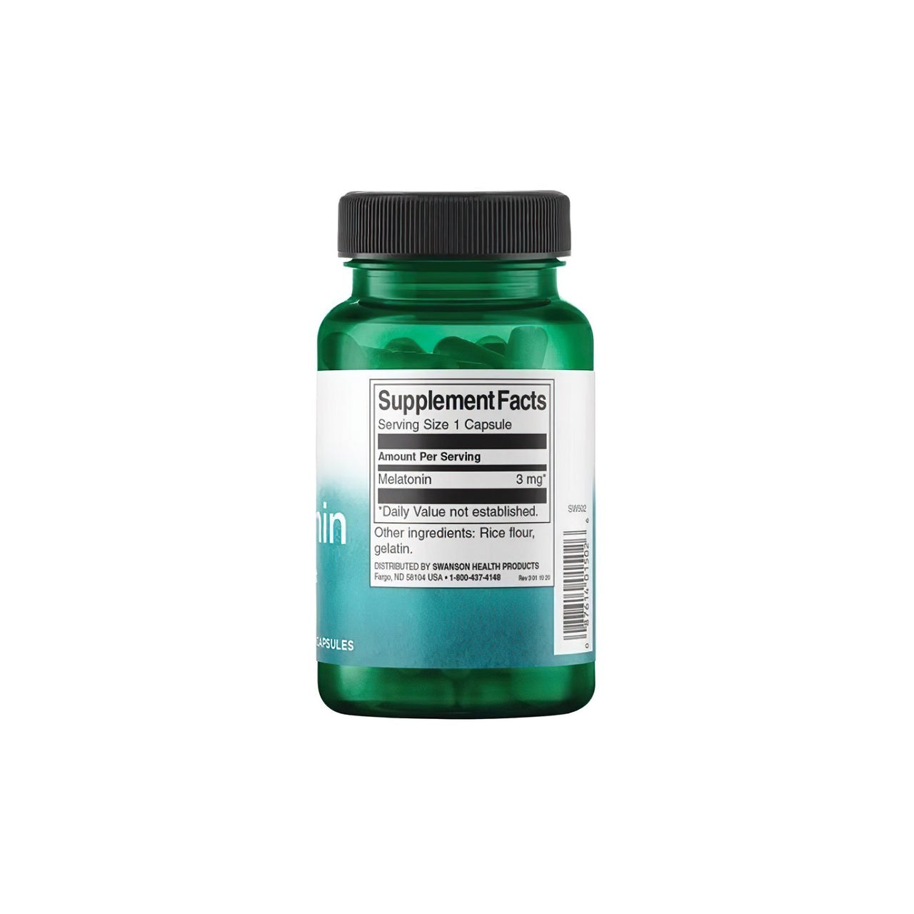 Un flacon de Swanson Melatonin - 3 mg 120 gélules sur fond blanc.
