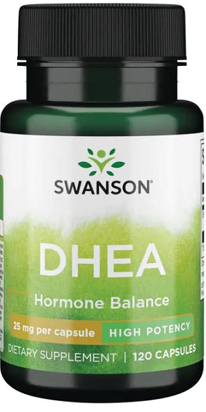 Une bouteille de Swanson DHEA - High Potency - 25 mg 120 capsules hormone balance.