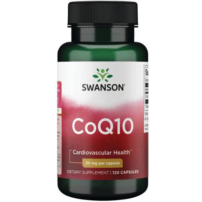 Swanson's Coenzyme Q10 30 mg dietary supplement offers 120 capsules to support cardiovascular health and energy production.