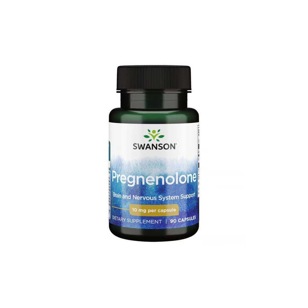 Swanson's Pregnenolone is a dietary supplement featuring 90 capsules, each with 10 mg, to support brain and nervous system health by boosting mental sharpness and enhancing cognitive functions.