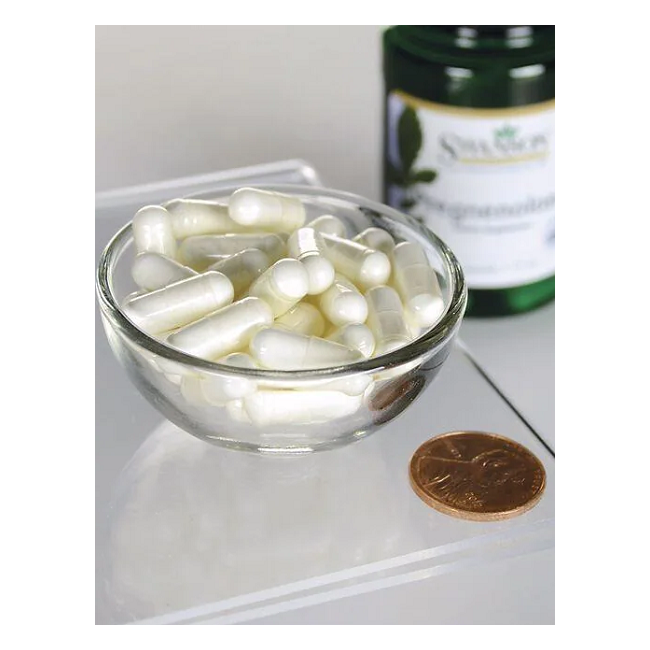 A small glass bowl filled with Swanson Pregnenolone 10 mg capsules sits beside a brown coin and a partially visible green bottle on a white surface.