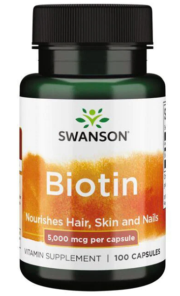Complément alimentaire pour les cheveux, la peau et les ongles en 100 gélules - Swanson Biotine - 5 mg.