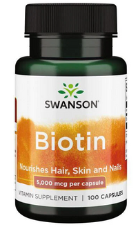 Vignette pour Complément alimentaire pour les cheveux, la peau et les ongles en 100 gélules - Swanson Biotine - 5 mg.
